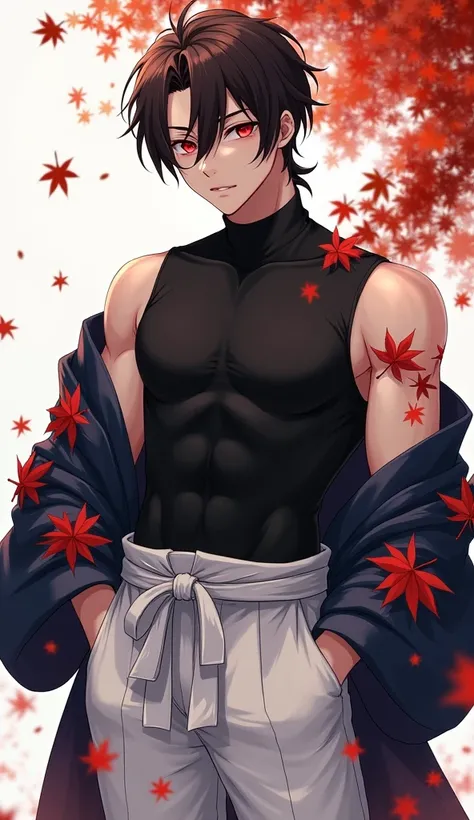 Suginami Kiran 1 Male Very deep red eyes.
Dark Brown Hair Color Hairstyle "Korean Wolf Cut Men".
Dressed in Men&#39;s Sportswear, black sleeveless turtleneck. White men&#39;s harem pants. Wears a men&#39;s haori with a pattern of autumn maple leaves on a d...