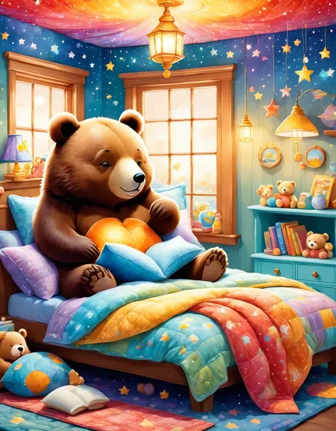 cuteAn illustrationクマの家,Bear family:animal:Hibernating:cute:Nestle:sleep:Comfortable and warm:looks happy,An illustration,pop,Colorful,draw with thick lines,Color,dim,Lamp light,The hibernating bear family is sleeping:Happy dreams,The house is warm and ful...