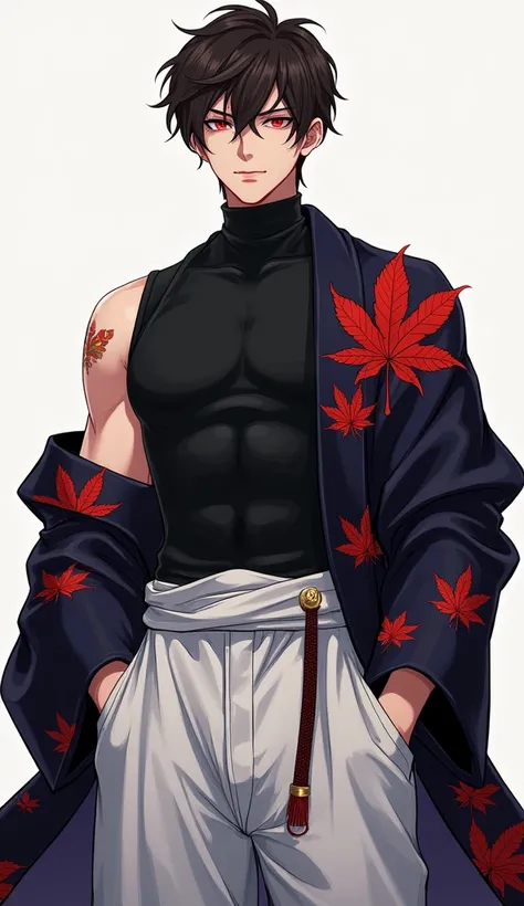 Suginami Kiran 1 Male Very deep red eyes.
Dark Brown Hair Color Hairstyle "Korean Wolf Cut Men".
Dressed in Men&#39;s Sportswear, black sleeveless turtleneck. White men&#39;s harem pants. Wears a men&#39;s haori with a pattern of autumn maple leaves on a d...