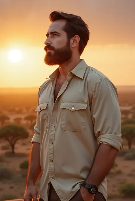 a white man, muscular, 3, with a defined beard, He is wearing a fitted beige linen shirt, evoking an adventurous style in the middle of the African savannah of The Lion King. He is standing on a large rock, similar to Pride Rock, with the rising sun painti...