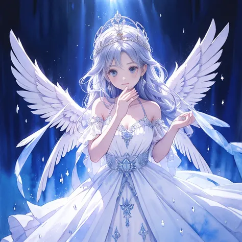 Watercolor style,And white drops fall from the sky、Angel Wings、Angel Halo、Mysterious ,Looking from below,Blue Dress,White frills,Tiara,Earrings,Hands outstretched,Many feathers fluttering