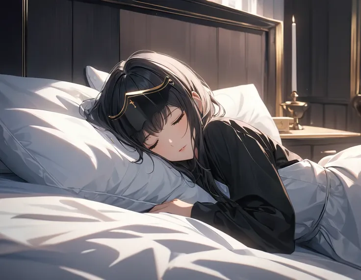 anime、((Amazingly absurd)),(masterpiece:1.2),超High resolution, Attention to detail, high quality, High resolution, 最high quality, 4K, 8k、Woman sleeping in bed,Cross mark,The woman is wearing a mask,I&#39;m acting hot,Fever,Painful face,Long Hair,Spread out...