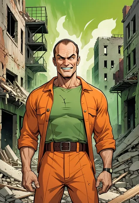 in a graphic novel style, illustrate a fully body shot of a muscular middle aged man, light brown hair, (receding hair line), pale green eyes, scowl, deep facial lines, sunken eyes and cheeks, (wide chin, wide jaw:1.2), chiseled jaw, high cheekbones, large...