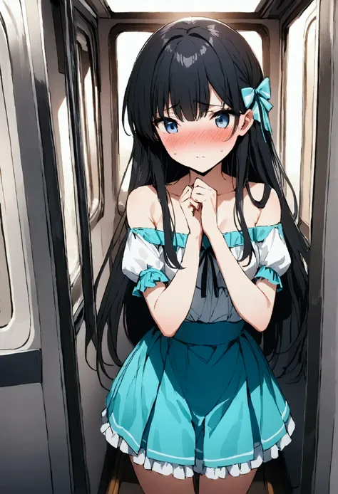 NSFW,masterpiece,Best Quality,High resolution,Very detailed,Shiba Miyuki(The Irregular at Magic High School),Long Hair、blue eyes、Black Hair、Hair accessories、ribbon、ヘアribbon、雪の結晶のHair accessories、bangs、鈍いbangs,Off-the-shoulder shirt,Micro Mini Skirt,Heeled ...