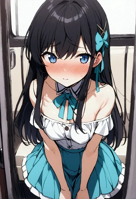 NSFW,masterpiece,Best Quality,High resolution,Very detailed,Shiba Miyuki(The Irregular at Magic High School),Long Hair、blue eyes、Black Hair、Hair accessories、ribbon、ヘアribbon、雪の結晶のHair accessories、bangs、鈍いbangs,Off-the-shoulder shirt,Micro Mini Skirt,Heeled ...