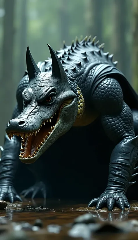 A UHD, 8K, hyper-detailed fusion of Batman and a crocodile, creating a dark, intimidating figure. The hybrid features Batmans sleek armor and cape, integrated with crocodilian scales covering its body. Its head has a terrifying blend of Batman’s mask and a...