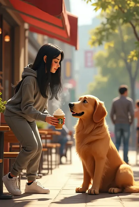 Woman 30 years, long straight black hair, wearing grey sweat pants, grey sweatshirt and white sneakers, giving Starbucks coffee with whip cream toher large golden retriever at street coffee shop. Pixar 