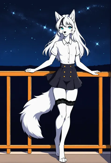 female furry wolf, white shirt, mini skirt, lace stockings high, Long hair, two-tone hair, thin waist, small breasts , long fluffy tail, stands on the balcony, under the starry sky, smiles, animal legs