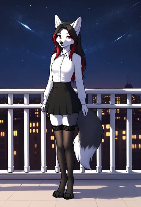 female furry wolf, white shirt, mini skirt, lace stockings high, Long hair, two-tone hair, thin waist, small breasts , long fluffy tail, stands on the balcony, under the starry sky, smiles, animal legs