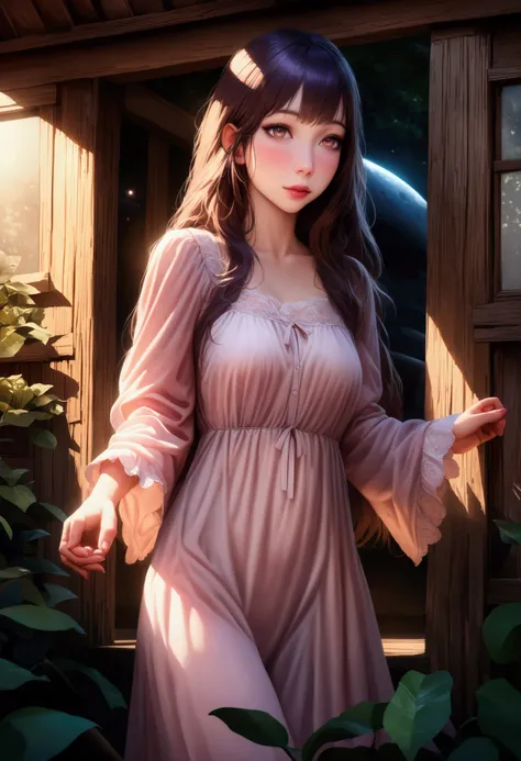 realistic hyper detailed 8k uhd alien rocket ship resembling a large purple penis, landing outside a farmhouse at night, cute girl in a sheer nightgown comes out to investigate, photorealistic, extremely detailed, incredibly vivid colors, highly detailed f...