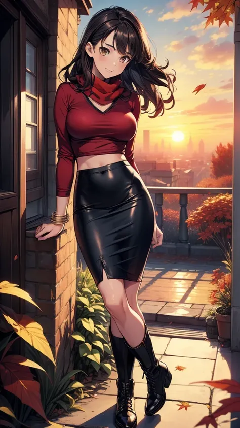 ((((masterpiece, best quality:1.8, high detail)))), beautiful woman, bright brown eyes, smile, solo focus, (((medium breasts))), long wavy hair, ((dark hair)), ((red t-shirt v neck long sleeves)), casual shirt, white ((scarf)), ((black midi pencil ((skirt)...