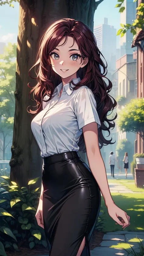 ((((masterpiece, best quality:1.8, high detail)))), beautiful business woman (walking), bright eyes, smile, looking at viewer, solo focus, long ((wavy hair)), ((dark burgundy hair)), ((white collar shirt short sleeves)), (black midi pencil (skirt)), (((lon...