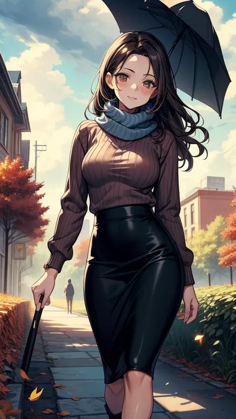 ((((masterpiece, best quality:1.8, high detail)))), beautiful woman, bright brown eyes, smile, solo focus, (((medium breasts))), long wavy hair, ((dark hair)), ((brown sweater)), (scarf), ((black midi pencil ((skirt)))), ((long skirt)), boots, slim body, s...