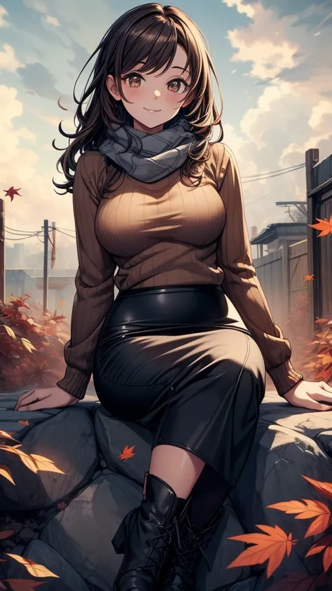 ((((masterpiece, best quality:1.8, high detail)))), beautiful ((woman sitting)) on stone, bright brown eyes, smile, solo focus, (((medium breasts))), long wavy hair, ((dark hair)), ((brown sweater)), (scarf), ((black midi pencil ((skirt)))), ((long skirt))...