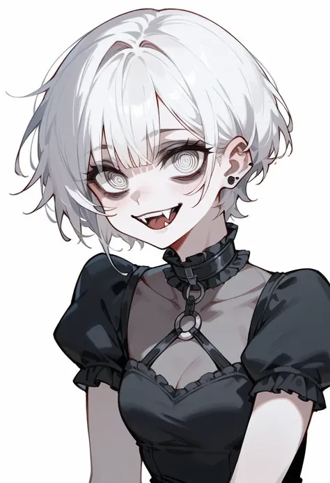 pretty girl, gothic, smile with fangs , Dull eyes, Short white hair 