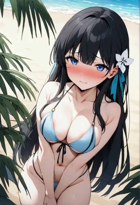 NSFW,masterpiece,Best Quality,High resolution,Very detailed,Shiba Miyuki(The Irregular at Magic High School),Long Hair、blue eyes、Black Hair、Hair accessories、ribbon、ヘアribbon、雪の結晶のHair accessories、bangs、鈍いbangs,Sexy Swimsuit,Embarrassed,blush,beach,Palm tree...