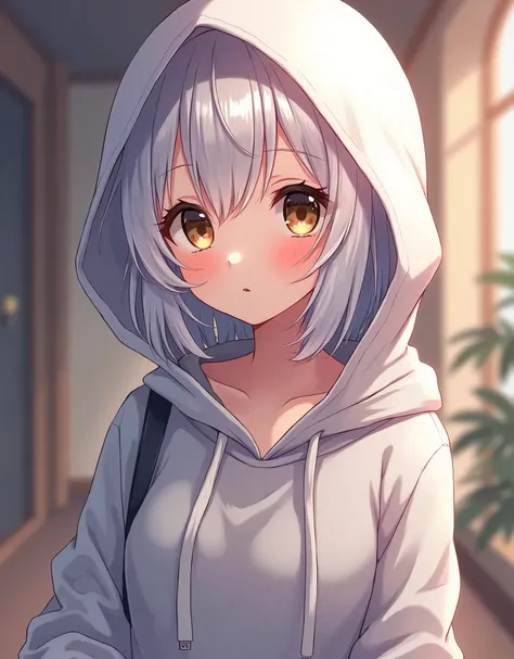  anime wearing a hoodie, she has short white hair, and brown eyes, high quality, masterpiece 