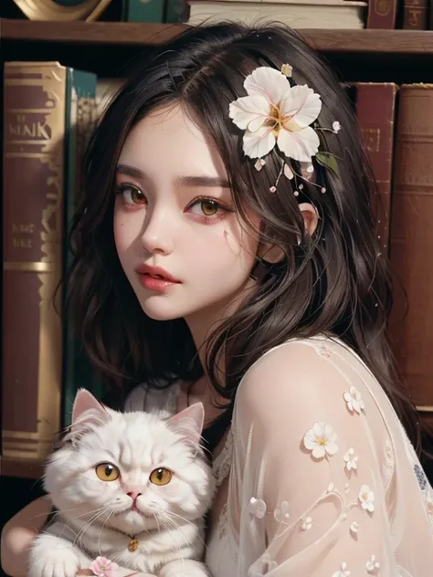 1girl, solo, (((extremely detailed face))), close mouth, waist up, (zentangle, mandala, tangle, entangle), (flower blossom:1.2), official art, unity 8k wallpaper, ultra detailed, aesthetic, masterpiece, best quality, photorealistic, ((persian cat)) ((In th...