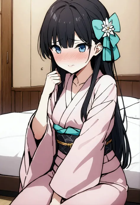 NSFW,masterpiece,Best Quality,High resolution,Very detailed,Shiba Miyuki(The Irregular at Magic High School),Long Hair、blue eyes、Black Hair、Hair accessories、ribbon、ヘアribbon、雪の結晶のHair accessories、bangs、鈍いbangs,kimono,yukata,Open Front,Embarrassed,blush,Wisd...