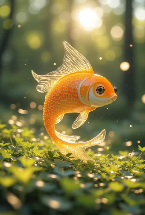 Best quality, very good, 16K, Ridiculous, Very detailed, Gorgeous(Goldfish)))，Made of translucent Ceramics, Background grassland（（A masterpiece full of fantasy elements）））， （（Best quality））， （（Intricate details））（8K）