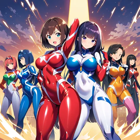 super sentai series, mecha bodysuits, girls surrounding, multiple girls, curvy body