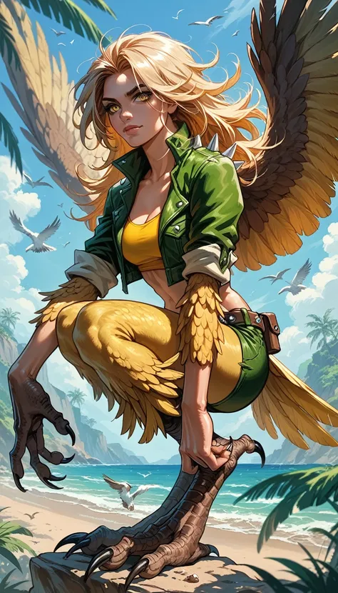 score_9, score_8_up, score_7_up, score_6_up, 1woman, blonde hair, long hair, spiked hair, yellow eyes, Rogue, Harpy, (feathered wings, claws, bird legs), beach