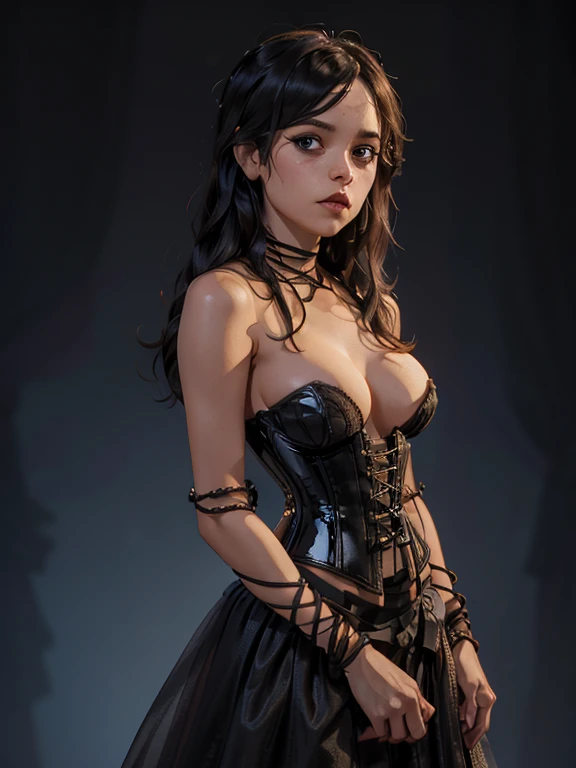 one girl, solo, (bust, upper body, front view:1.2), black eyes, Jenna Ortega, captain jack sparrow, pirate, (((Court Ball Gown High Low Lace Hem Corset ))), Gothic Corset, (((Lace-Up Corsets))), black corset, ((((Topless)))), (big breasts, giant breasts, c...