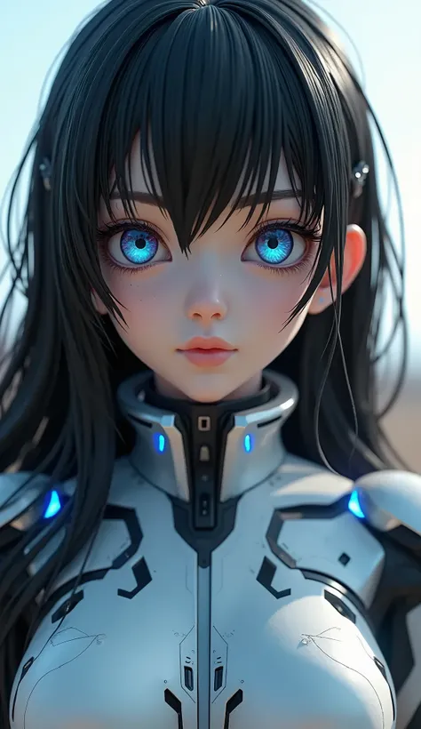 Cute 1girl, Solo, Breasts, mecha pilot suit, Long Hair, Black Hair, 3D Rendering, big Blue eyes, Masterpiece, Accurate, High Resolution, Detail, High Details, High Quality, Eye Reflection, Mole Under Eye, Glowing Eyes, 