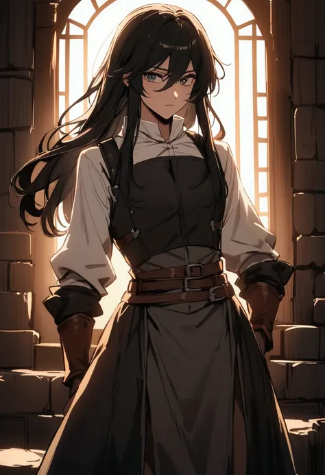 Black long haired femboy man dressed in blacksmith clothes 