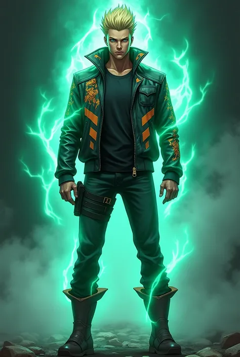 Blonde male character with boots and anime jacket with a burning aura of aqua green color