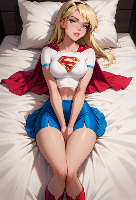 score_9, score_8_up, score_7_up, dcaustyle, 1girl, (supergirl, blonde, wearing supergirl costume, tight white tshirt, short slee...