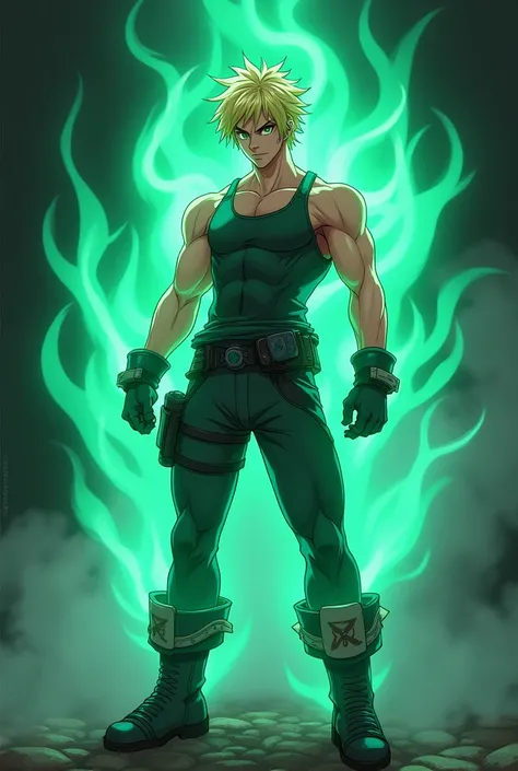 Blonde male character with anime boots and tank top with a burning aura of aqua green color