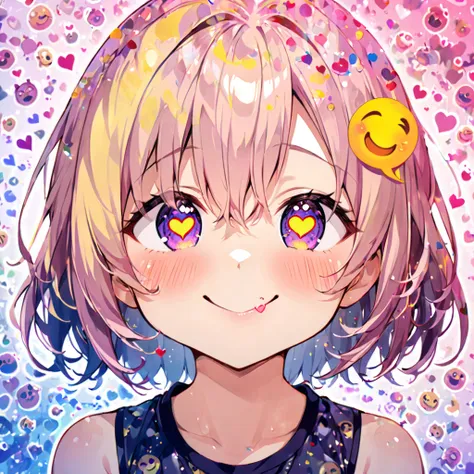 １０year old girl、point here and laugh、heart symbol in mouth、crescent-like eyes、naughty smile、clothes double exposure、emoji on bac...