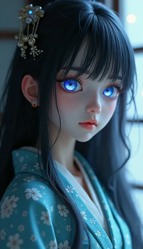 1girl, Solo, Breasts, yukata, Long Hair, Black Hair, 3D Rendering, big glowing Blue eyes, Masterpiece, Accurate, High Resolution, Detail, High Details, High Quality, Eye Reflection, Mole Under Eye, 3D Rendering, 3D Model 