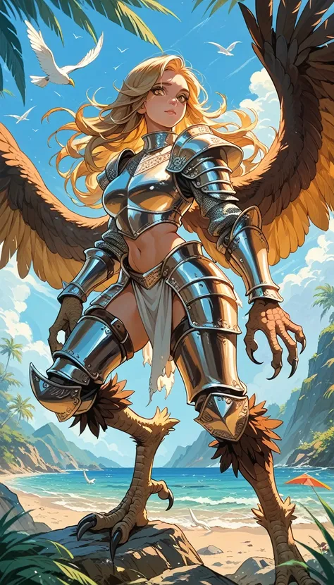 score_9, score_8_up, score_7_up, score_6_up, 1woman, blonde hair, long hair, spiked hair, yellow eyes, Knight, Armor, Harpy, (feathered wings, claws, bird legs), beach