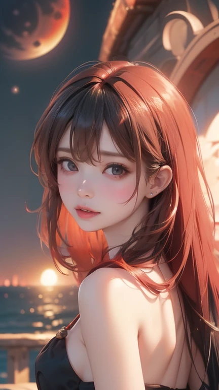 {masterpiece},{The best},{(((Finest details)、Realistic、8K Ultra HD、High resolution、((A girl with black hair and red hair looks at a very bright red star approaching her，Meanwhile the full moon shines in the background 