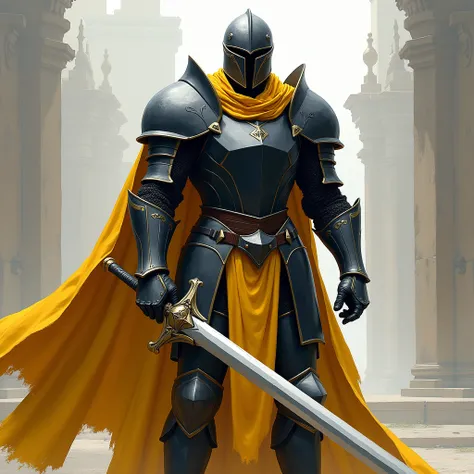 1 Paladin, dynamic pose, paladin armor, full armor, breastplate, gauntlets, helmet, holding, sword, solo, holding sword, pauldrons, shoulder armor,(black armor), (yellow armor),  standing, outdoors, detailed background