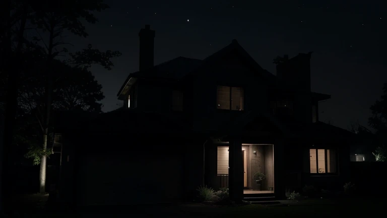 "Create an eerie, suspenseful scene of a modern house standing alone near a large tree on a late, silent night. Outside, a sleek car is parked in the driveway, its headlights off and the interior dark. Standing next to the car, a shadowy figure lingers nea...