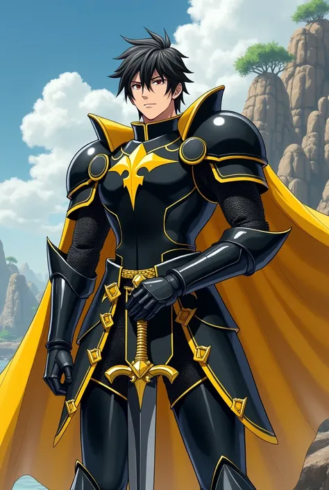 1Knight, male focus, dynamic pose, paladin armor, full armor, breastplate, gauntlets, helmet, holding, sword, solo, holding sword, pauldrons, shoulder armor,(black armor:1.1), (yellow armor:0.9), standing, anime screencap, outdoors, detailed background