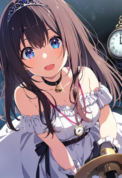 sagisawa fumika, 1 girl, Alone, clock, pendant clock, blue eyes, Chest, gloves, Tiara, dress, Long Hair, Clevis, View your viewers, White gloves, Bare shoulders, Open your mouth, large Chest, Strapless, Choker, , white dress, Black Hair, Brown Hair, Hair b...