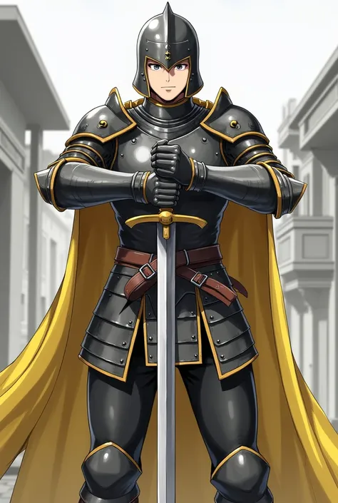 1 Warrior, male focus, dynamic pose, full armor, breastplate, gauntlets, helmet, holding, sword, solo, holding sword, pauldrons, shoulder armor,(black armor:1.1), (yellow armor:0.9), standing, anime coloring, outdoors, detailed background