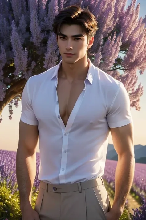 magical lavender fields
"in the enchanting lavender fields of provence, a tall, muscular man with flawless white skin stands con...