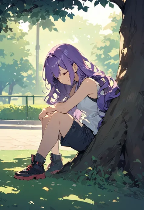 A girl,Solitary, Purple hair, Very long hair, Wavy hair, Side bangs, Broken hair, Smile, park background, sitting down against a tree, Slightly tilt your head, sleeveless top, short pants,