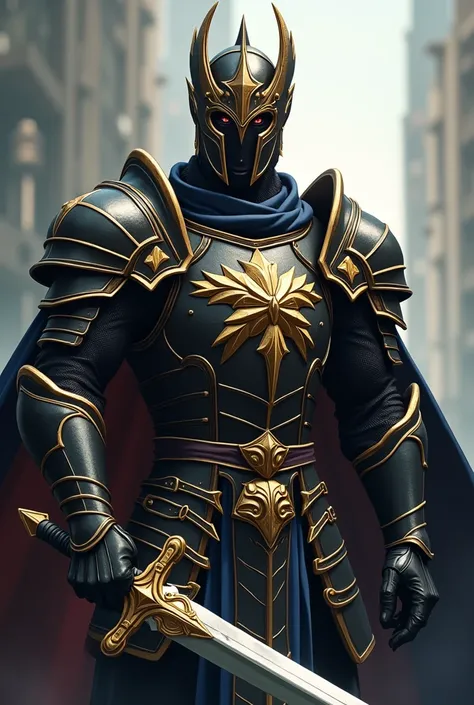 Dragon paladin, male focus, dynamic pose, full armor, (black armor:1.1), (gold armor:0.9) breastplate, gauntlets, helmet, holding, sword, solo, holding sword, pauldrons, shoulder armor,, standing, anime screencap, outdoors, detailed background