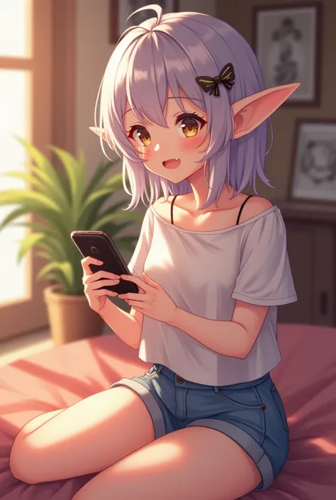 An elf girl with white skin and casual short clothes in a cozy room while looking at her phone but not looking away sweet and cute, ((short shorts), ((blushing)),((cute and soft face)), (big breasts), Kawai anime style 