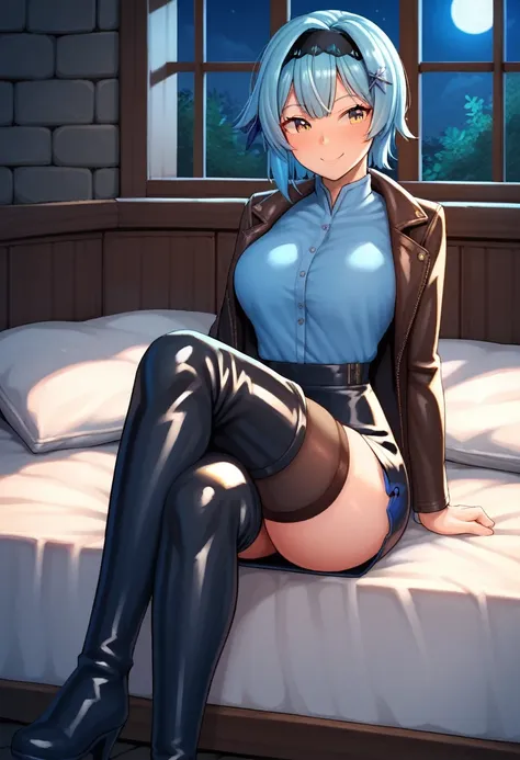 score_9, score_8_up, score_7_up, score_6_up, score_5_up, score_4_up, source_anime, 1woman, lora:eula2-000010:1>, euladef, smile, sit, upper body, blush, day, short hair, hairpins, blue hair, yellow eyes, leather jacket, blue shirt, leather skirt, crossed l...