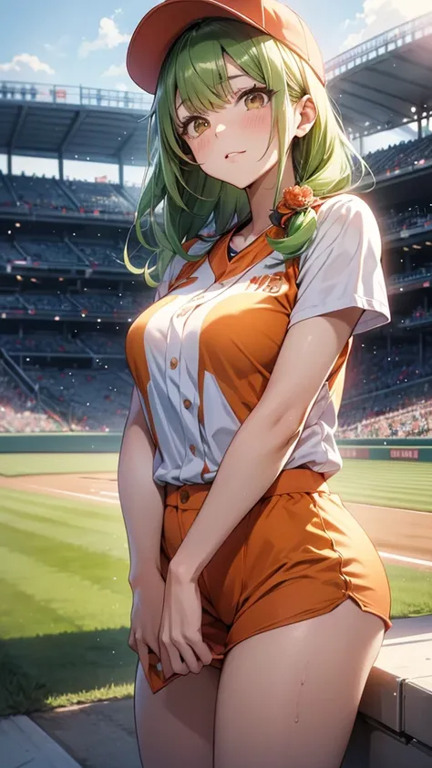 Maki: ore no imouto ga konna ni kawaii wake ga nai, 25-yers-old girl with short light green straight hair with flower hairpin on left bangs, light_brown_eyes, petite_body, average_breasts, seducing look, baseball stadium background, sexy orange baseball un...