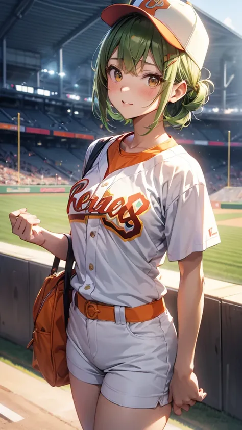 Maki: ore no imouto ga konna ni kawaii wake ga nai, 25-yers-old girl with short light green straight hair with flower hairpin on left bangs, light_brown_eyes, petite_body, average_breasts, seducing look, baseball stadium background, sexy orange baseball un...