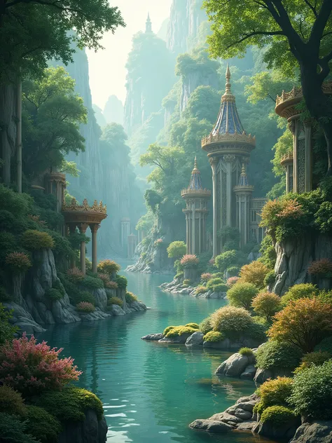 forest full of rivers meandering through its markets, palaces and pavilions. The river banks are of pearls and coral. Their soil is pure musk. Inside are jewelled thrones for you to rest on, offering panoramic views.