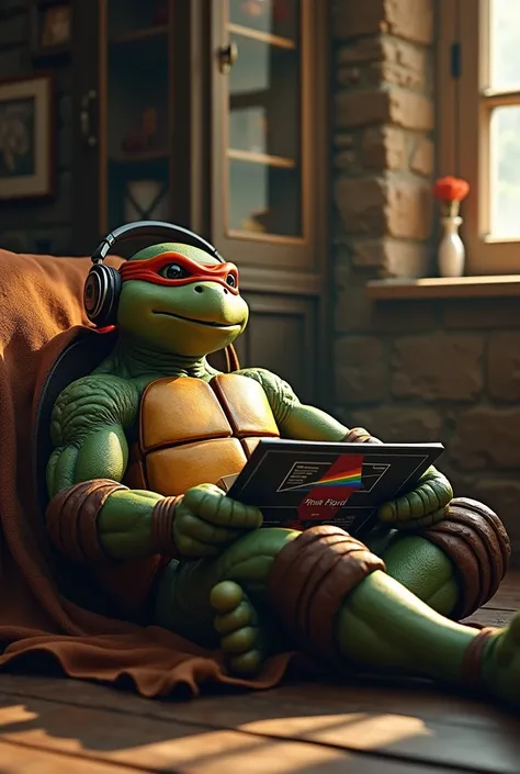 Classic Ninja Turtle, lying down listening with the glass cabinet, with headphones in the ears a pink floyd record in a rustic room 
